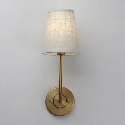 Industrial brass wall lamp set featuring a brass-finished wall lamp with slender stem and linen shade for reading light
