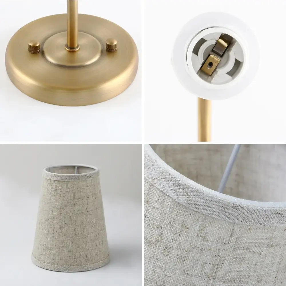 Brass-finished table lamp with textured linen shade from an industrial brass wall lamp set for bedroom reading light