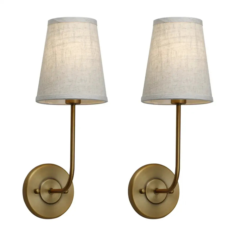 Pair of brass-finished industrial wall lamp set with off-white linen shades for bedroom reading light