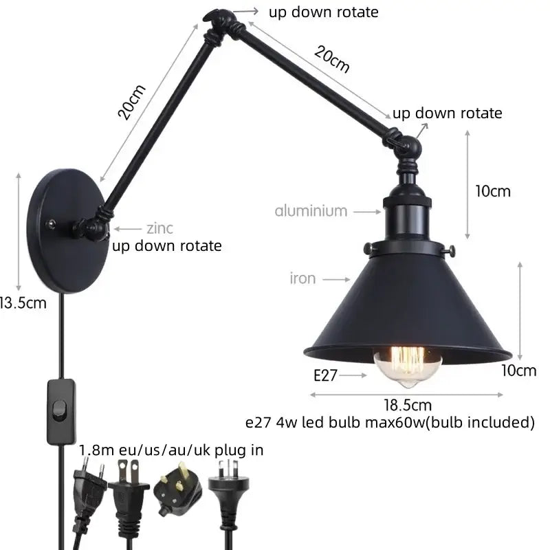 Black industrial brass wall sconce with pull chain switch and adjustable arms for bedroom lighting