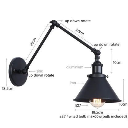 Black industrial-style adjustable wall sconce with pull chain switch made of aluminum and iron for bedroom lighting
