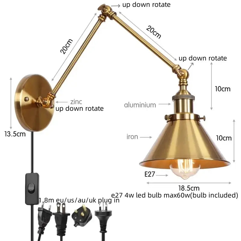 Brass-finished industrial wall sconce with adjustable arm and conical shade featuring a pull chain switch for bedroom use