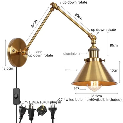 Brass-finished industrial wall sconce with adjustable arm and conical shade featuring a pull chain switch for bedroom use