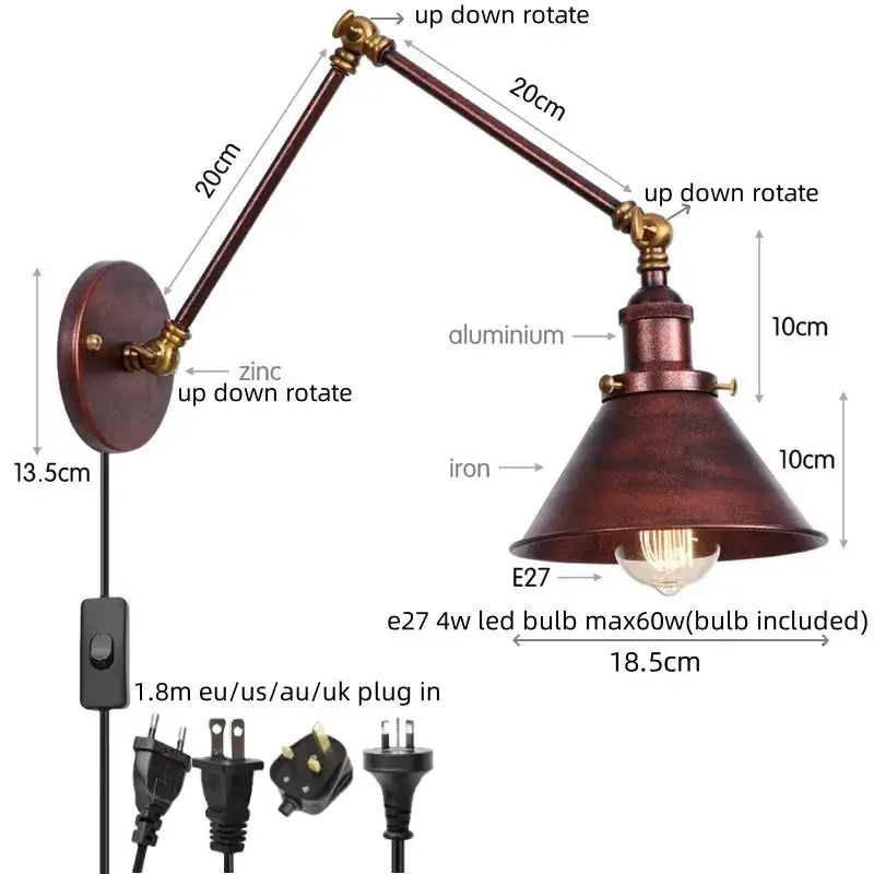 Industrial brass wall sconce with pull chain switch, dark bronze finish, zinc and aluminum articulated arms, bedroom lamp