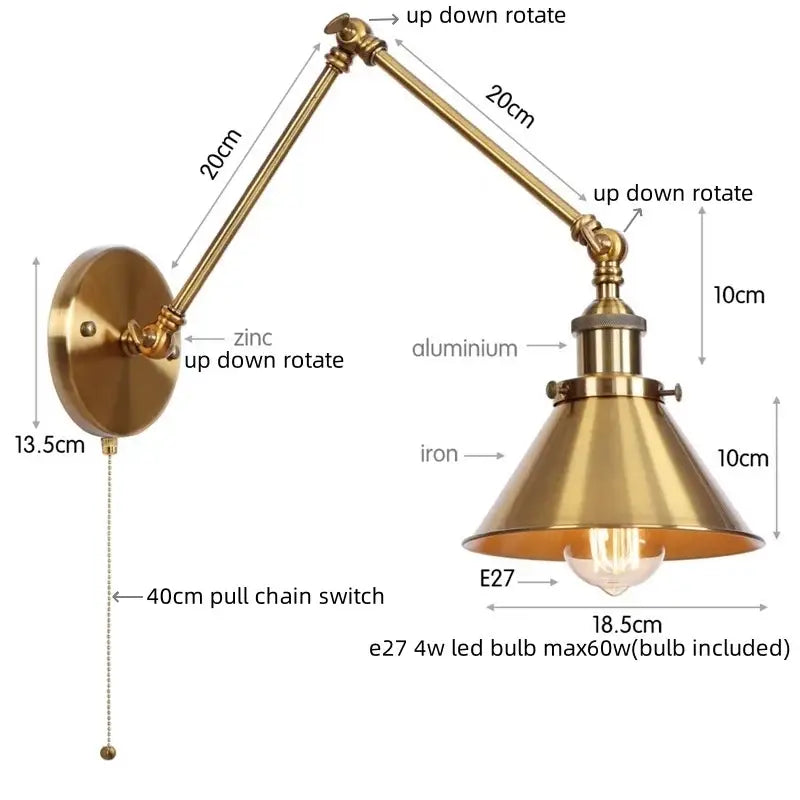 Industrial brass wall sconce with adjustable conical shade and pull chain switch for bedroom lighting