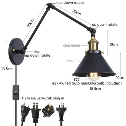 Black industrial brass wall sconce with adjustable arms and pull chain switch for bedroom lighting