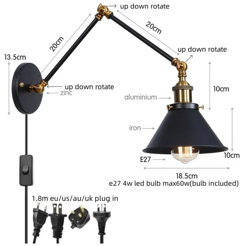 Black industrial brass wall sconce with adjustable arms and pull chain switch for bedroom lighting