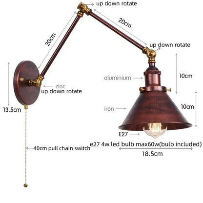 Industrial brass wall sconce with pull chain switch featuring adjustable zinc and aluminum arms and iron shade for bedroom use