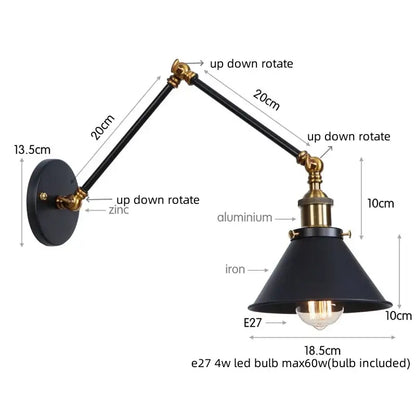 Black industrial brass wall sconce with adjustable arms and pull chain switch for bedroom lighting