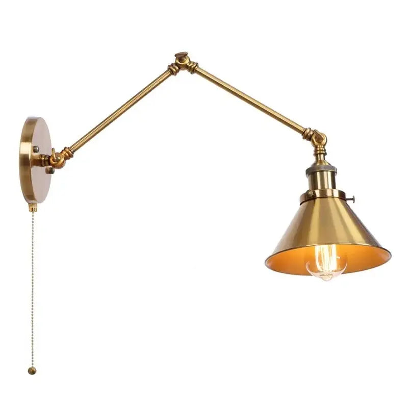 Industrial brass wall sconce with adjustable arm conical shade and pull chain switch for bedroom lighting