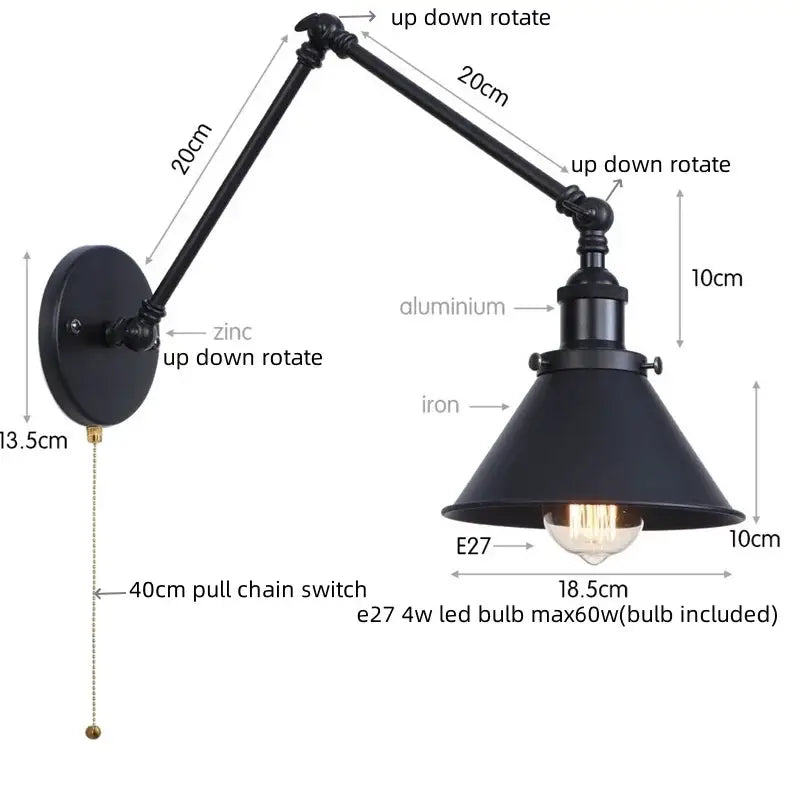 Black industrial brass wall sconce with adjustable zinc and aluminum arms and conical iron shade featuring pull chain switch