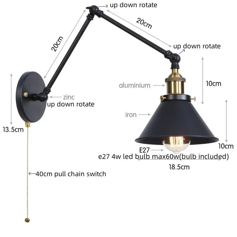 Black industrial brass wall sconce with adjustable arms and pull chain switch for bedroom lighting