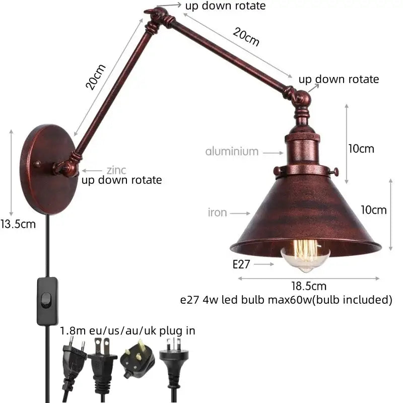 Industrial brass wall sconce with pull chain switch featuring a bronze metal frame and adjustable zinc alloy arm for bedroom use