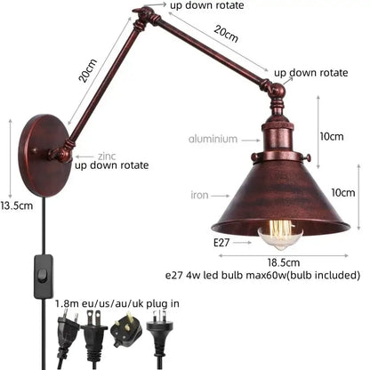 Industrial brass wall sconce with pull chain switch featuring a bronze metal frame and adjustable zinc alloy arm for bedroom use