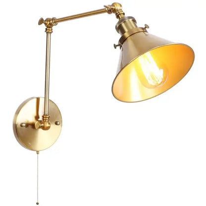 Industrial brass wall sconce with pull chain switch brass finish conical shade and exposed filament bulb for bedroom use