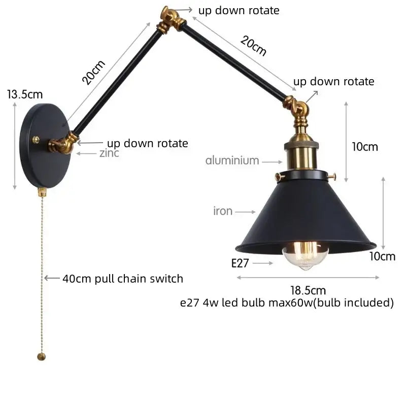 Black industrial brass wall sconce with adjustable arms and pull chain switch for bedroom lighting