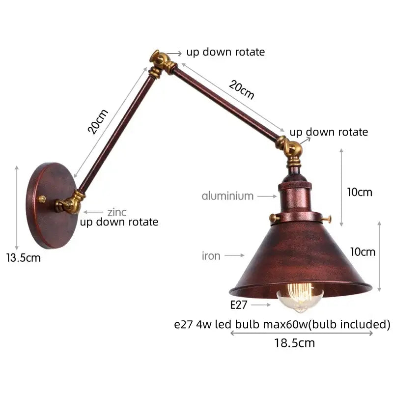 Industrial brass wall sconce with pull chain switch and adjustable zinc and aluminum arms for flexible bedroom lighting