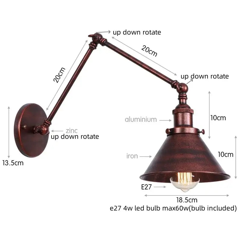 Industrial brass wall sconce with bronze finish metal frame, adjustable zinc and aluminum arms, and pull chain switch for bedroom lamp
