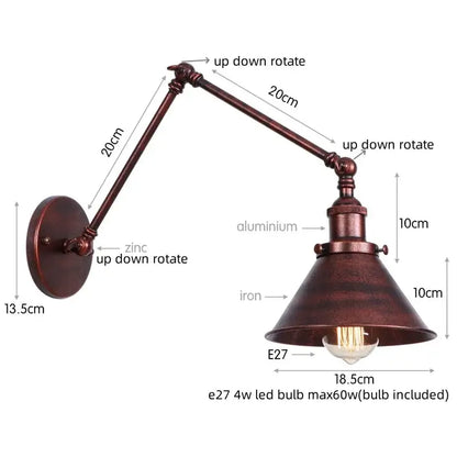 Industrial brass wall sconce with bronze finish metal frame, adjustable zinc and aluminum arms, and pull chain switch for bedroom lamp
