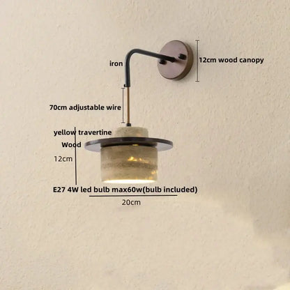 Industrial bronze and beige led wall light fixture with wood canopy and yellow travertine shade for bedroom decorbites led wall