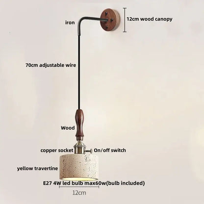 Industrial bronze and beige led wall light fixture with 12cm wood canopy and yellow travertine shade decorbites led wall