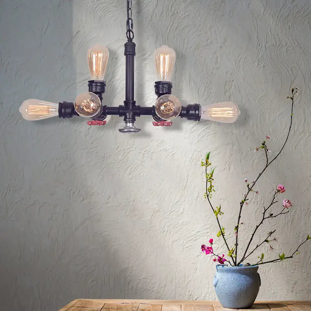 Decorbites vintage style island pendant light with bronze black metal bare bulb chandelier and red valve accents for living room