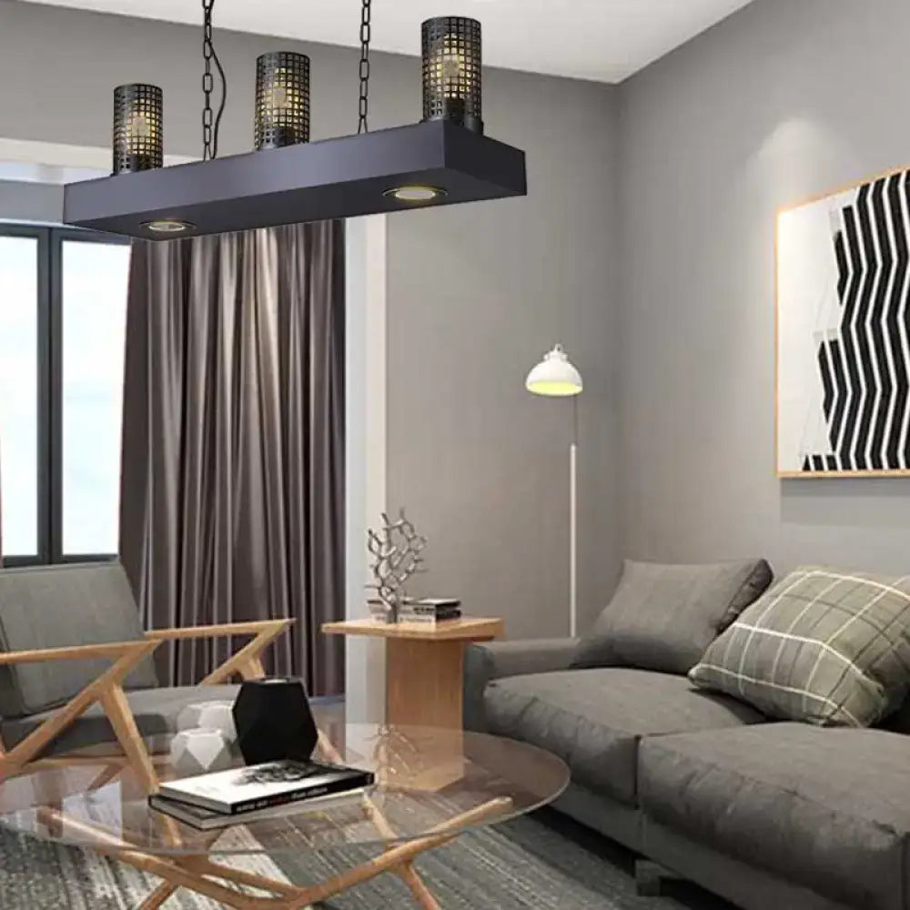 Black rectangular industrial hanging ceiling light with four cylinder metal shade mesh covers for kitchen use e26 e27 smd