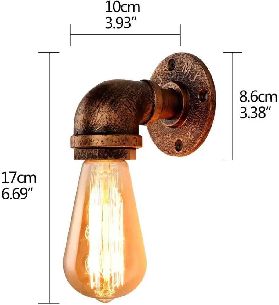 Industrial bronze and black wall lamp with copper-finished industrial water pipe and amber glass bulb for bedroom sconce