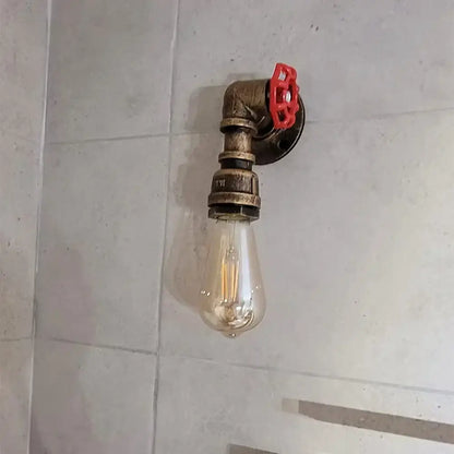 Industrial bronze and black wall lamp with industrial water pipe design brass pipe and red valve handle clear bulb