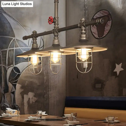 DecorBites metal 3-light linear pendant with matte black pipe frame red valve and coastal caged island design