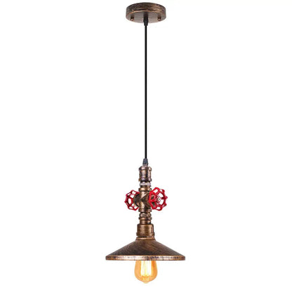Industrial bronze iron water pipe pendant light with red valve handles and exposed Edison bulb for kitchen use