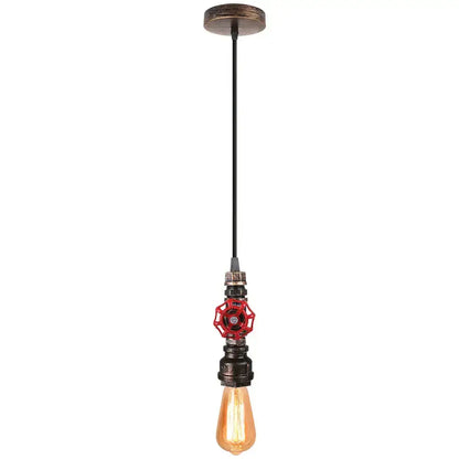 Industrial bronze iron water pipe pendant light with red valve handle and exposed filament bulb for kitchen use