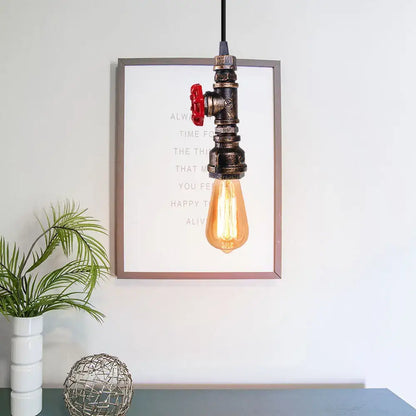Industrial bronze iron water pipe pendant light with dark metallic pipe and red valve handle for kitchen edison lamp