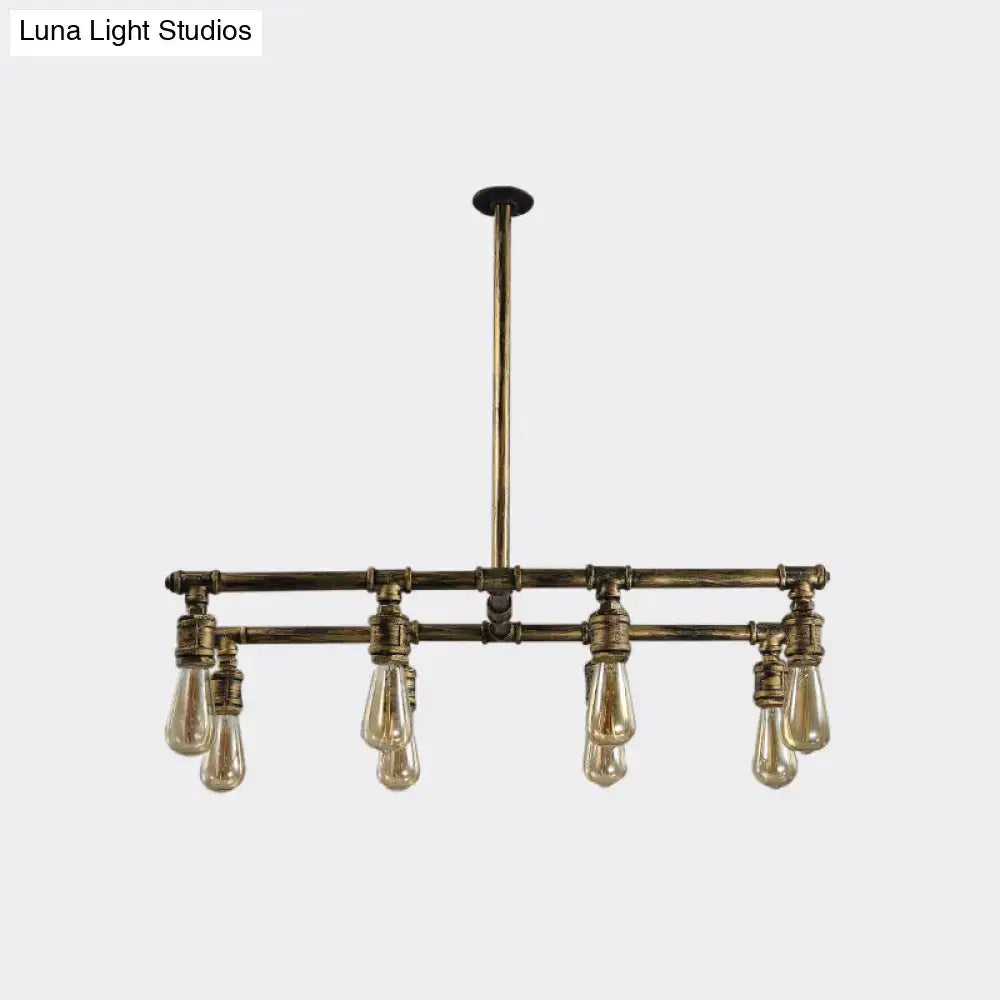 Industrial-style bronze island lamp with eight metallic exposed filament bulbs for bedroom hanging light use