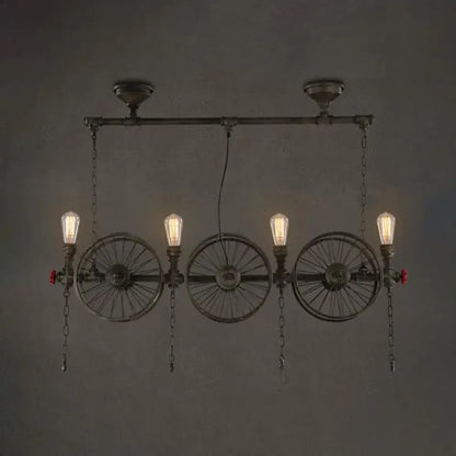 Decorbites™ industrial farmhouse style island light in bronze featuring wheel design with exposed led incandescent bulbs