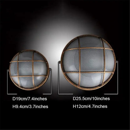 Two vintage-style industrial bronze metal cage outdoor ceiling lamps with frosted glass panels in 7.4 and 10 inch sizes