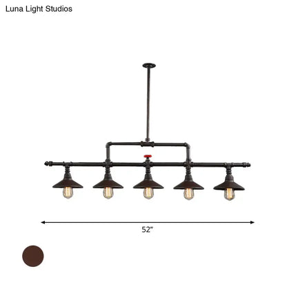 Industrial bronze pipe island light dining room pendant featuring five exposed filament bulbs and a red valve accent