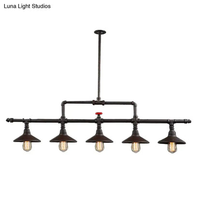 Industrial bronze pipe island light dining room pendant with five exposed filament bulbs and a central red valve accent