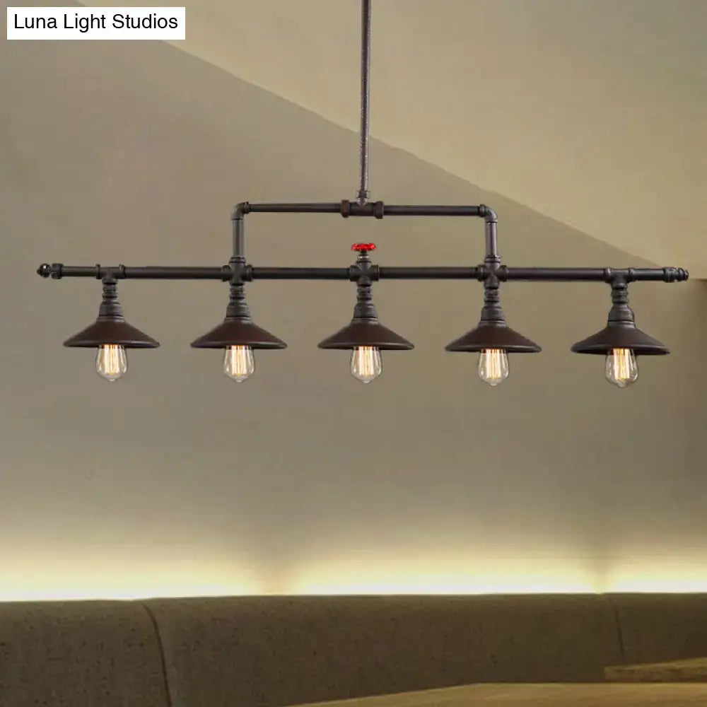Industrial bronze pipe island light dining room five bulb pendant with black pipes four exposed filament bulbs and red valve accent