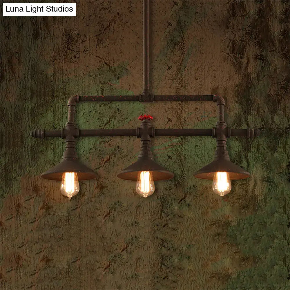 Industrial bronze pipe island light dining room pendant featuring dark rustic metal pipes and vintage Edison bulbs