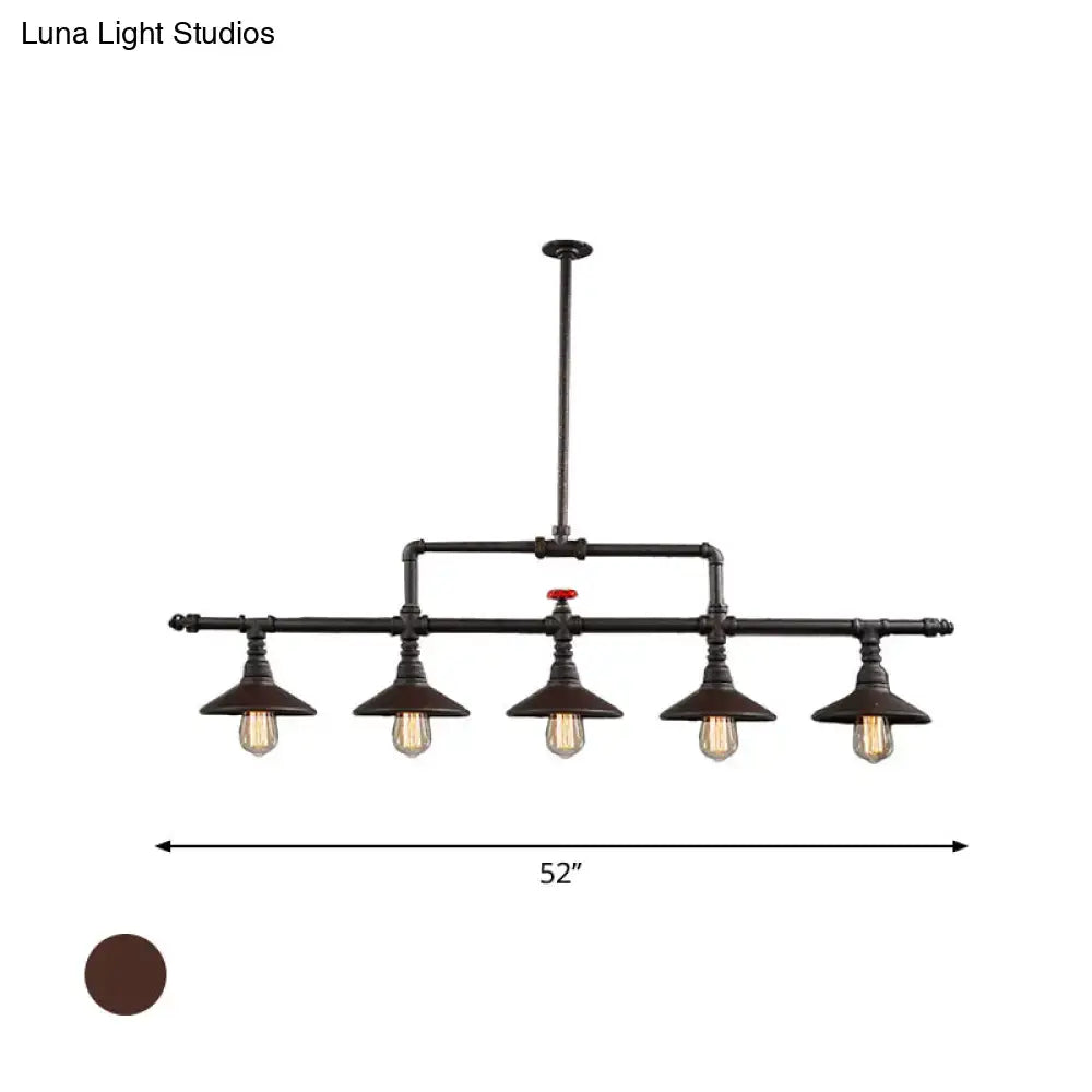 Industrial bronze pipe island light dining room five bulb pendant featuring black pipes and a central red valve