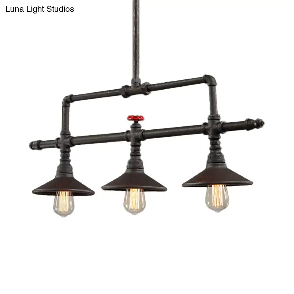 Industrial bronze pipe island light dining room pendant with black pipes three exposed filament bulbs and red valve accent
