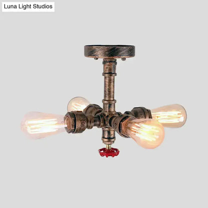 Industrial bronze semi flush foyer light with decorative valve bulb base and rustic pipe design with four edison bulbs
