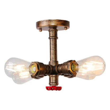 Industrial bronze ceiling light fixture with brass pipe and valve design featuring two exposed Edison bulbs for living room