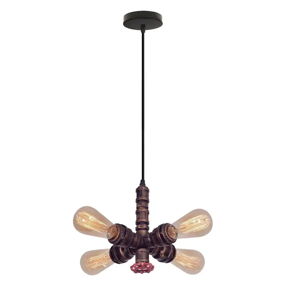 Industrial bronze ceiling light fixture with four filament bulbs in starburst pattern and red valve accent for living room