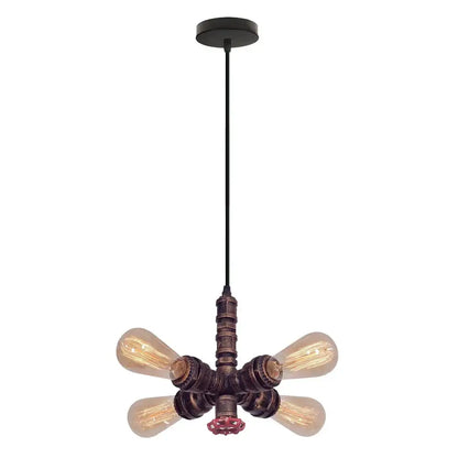 Industrial bronze ceiling light fixture with four filament bulbs in starburst pattern and red valve accent for living room