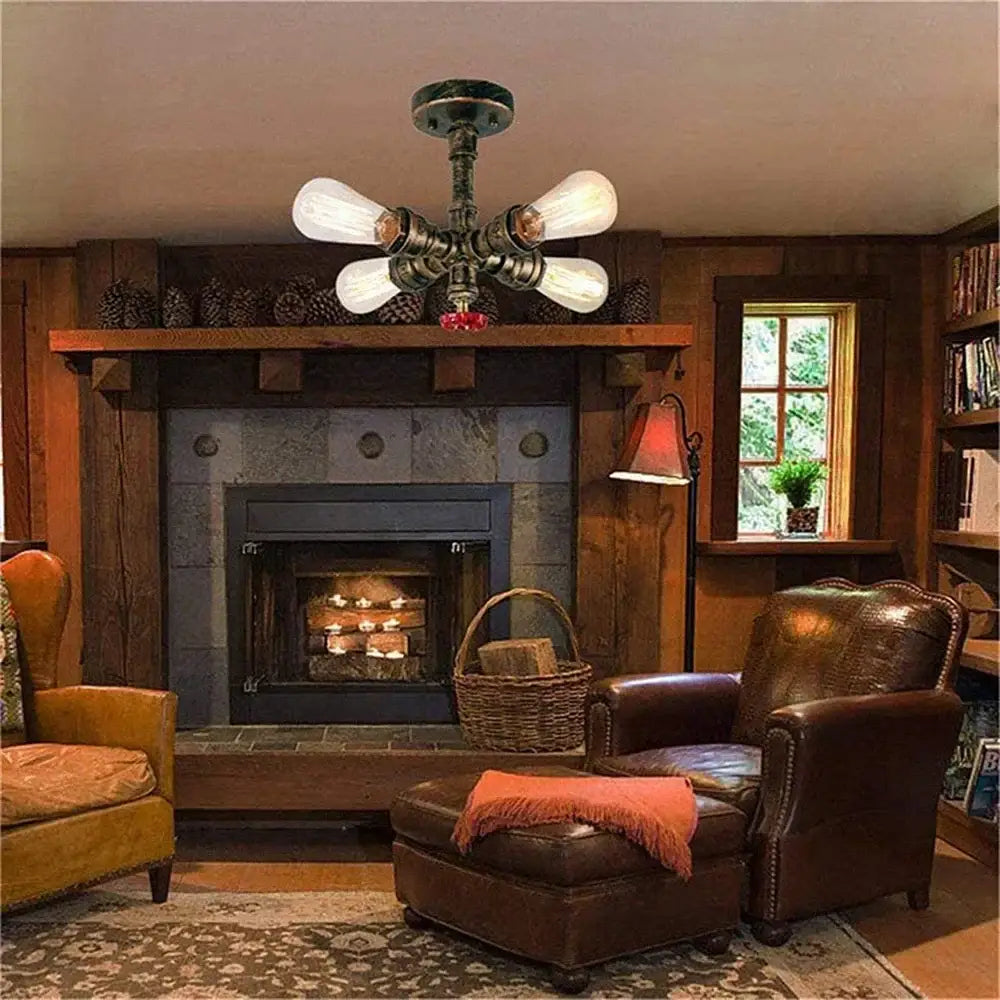 Industrial bronze ceiling light fixture with four exposed bulbs and rustic metal frame for living room use