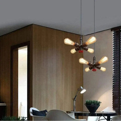 Industrial bronze ceiling light fixture with exposed brass pipes and vintage Edison bulbs for living room lighting