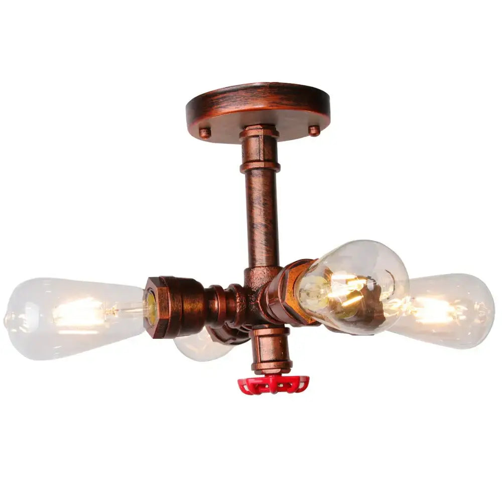 Industrial bronze ceiling light fixture with copper pipe and valve design featuring three exposed edison bulbs for living room