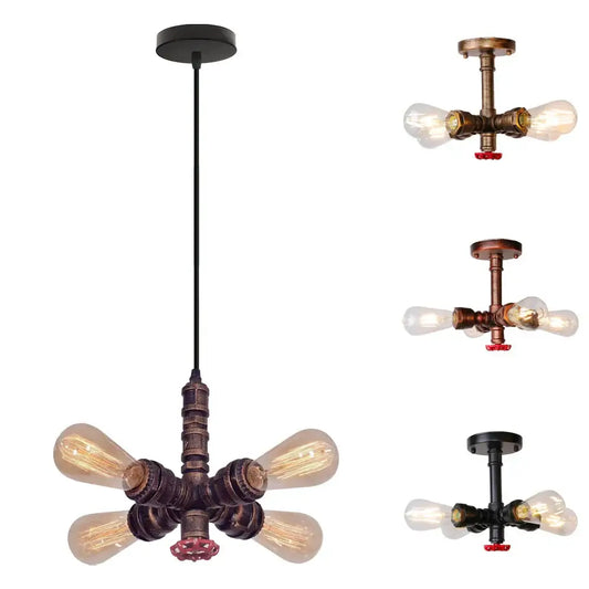 Industrial bronze water pipe ceiling light fixture with four exposed edison bulbs for living room use